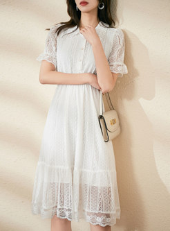 White V-neck High Waisted Lace Knee-length Dress