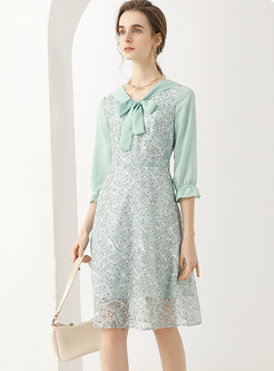 3/4 Sleeve Bowknot Ribbon Lace Embroidered Dress