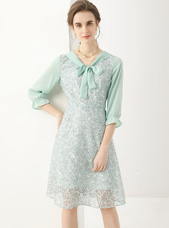 3/4 Sleeve Bowknot Ribbon Lace Embroidered Dress