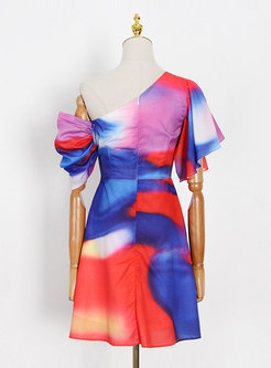 One Shoulder Tie-dye Ruffle Mini Skater Dress