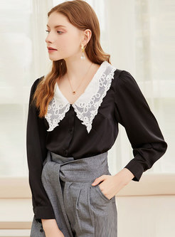 Color-blocked Lace Lapel Single-breasted Blouse