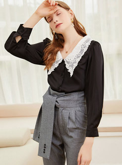 Color-blocked Lace Lapel Single-breasted Blouse