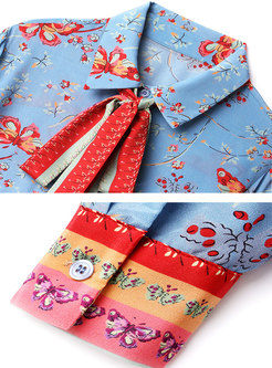 Turn-down Collar Ribbon Print Silk Blouse