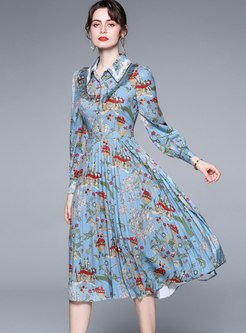 Long Sleeve Print Pleated Midi Dress