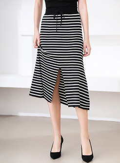 High Waisted Striped Split Knitted Midi Skirt
