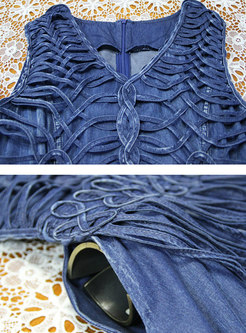 V-neck Sleeveless Woven Fringe Denim Maxi Dress