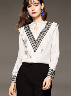 Long Sleeve Embroidered Ruffle Pullover Blouse