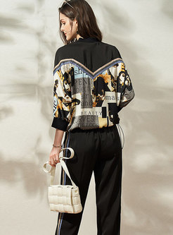 Mock Neck Print Pullover Blouse & High Waisted Joggers