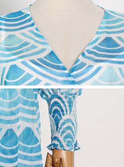 Boho Long Sleeve Print Belted Chiffon Maxi Dress