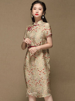 Retro Mandarin Collar Print Improved Cheongsam Dress