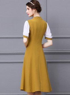 Yellow V-neck Patchwork A Line Knee-length Dress