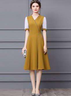 Yellow V-neck Patchwork A Line Knee-length Dress