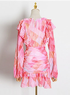 Lantern Sleeve Tie-dye Ruffle Tiered Mini Dress