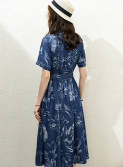 V-neck Short Sleeve Print A Line Midi Dress