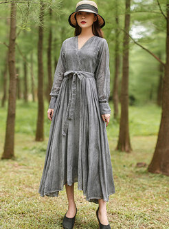 Long Sleeve A Line Big Hem Linen Dress