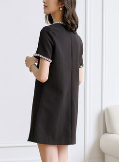 Black Beaded Short Sleeve A Line Mini Dress