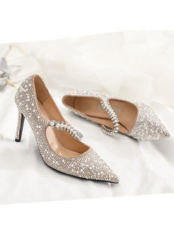 Pointed Toe Pearl Ankle Strap Party Heels