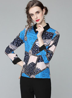 Turn-down Collar Pullover Print Blouse