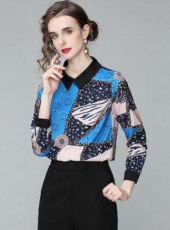 Turn-down Collar Pullover Print Blouse