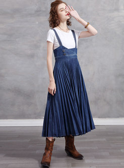 Blue High Waisted A Line Pleated Maxi Skirt