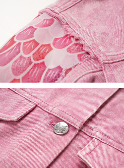 Pink Turn-down Collar Print Patchwork Denim Jacket