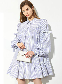 Turn-down Collar Striped Shift Mini Shirt Dress