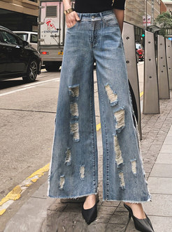 Retro High Waisted Wide Leg Split Ripped Jeans