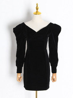 Black Sexy V-neck Puff Sleeve Bodycon Mini Dress