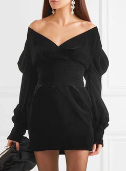Black Sexy V-neck Puff Sleeve Bodycon Mini Dress