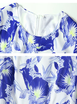 Boho Blue Print Big Hem Beach Maxi Dress