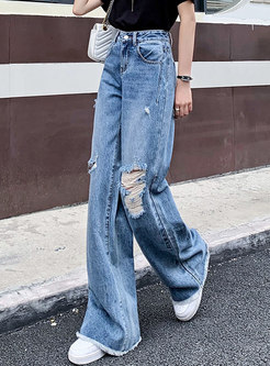 High Waisted Rough Selvedge Wide Leg Ripped Jeans