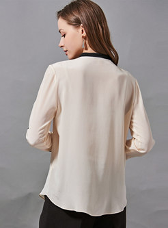 Color-blocked Long Sleeve Silk Blouse