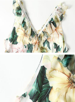 V-neck Ruffle Print Bodycon Peplum Dress