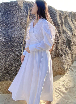 White V-neck Big Hem Linen Maxi Dress