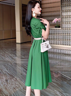 Green Crew Neck Belted A Line Midi Dress