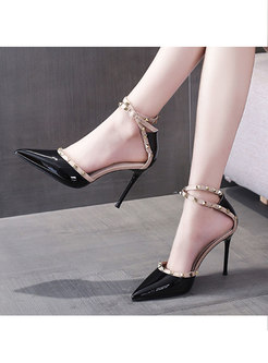 Pointed Toe Rivet Ankle Strap Stiletto Heels