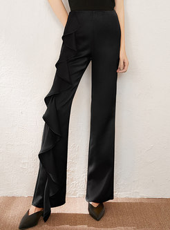 Casual Solid High Waisted Ruffle Straight Pants