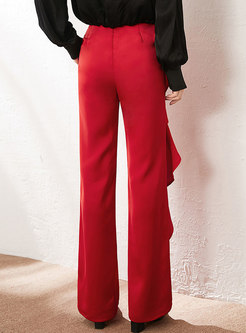 Casual Solid High Waisted Ruffle Straight Pants