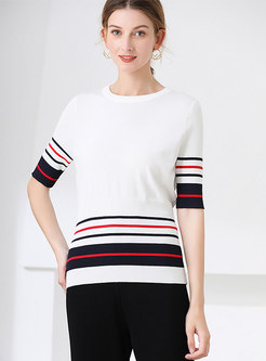 Color-blocked Striped Pullover Slim Knit Top