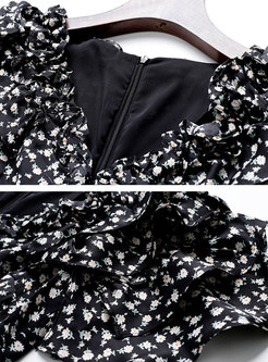 Black Puff Sleeve Floral Ruffle A Line Midi Dress