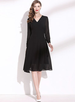 Black Long Sleeve Chiffon Knee-length Dress