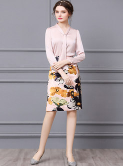 V-neck Ribbon Long Sleeve Print Skirt Suits