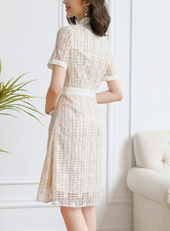Turn-down Collar Lace Patchwork Plaid A Line Dress