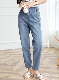 Casual Light Blue High Waisted Straight Jeans