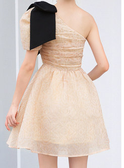 One Shoulder Bowknot Shirred Mini Dress