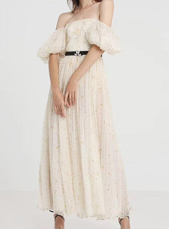 Off-the-shoulder Puff Sleeve Print Prom Dress