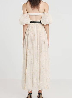 Off-the-shoulder Puff Sleeve Print Prom Dress