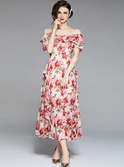 Boho Off-the-shoulder Print Ruffle Chiffon Maxi Dress