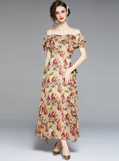 Boho Off-the-shoulder Print Ruffle Chiffon Maxi Dress