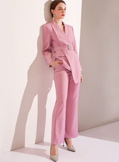 Pink Asymmetric Slim High Waisted Business Suits